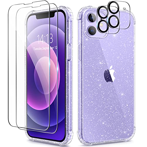 BERFY for iPhone 12 Case Glitter, with 2 Pack Screen Protector + 2 Pack Camera Protector, [Non-Yellowing] Sparkly Crystal Shockproof Bumper Phone Case for Women Girls Slim Cover 6.1", Glitter Clear