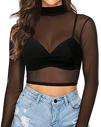 MANGOPOP Women's Short Sleeve Long Sleeve Sheer Mesh Crop Tops Tee Shirt Blouse (0-1058 (Black), Small)