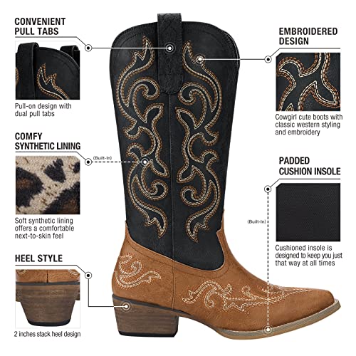 HISEA Rollda Cowboy Boots for Women Western Cowgirl Boots with Chunky Heel Ladies Snip Toe Mid-Calf Boots Size 10