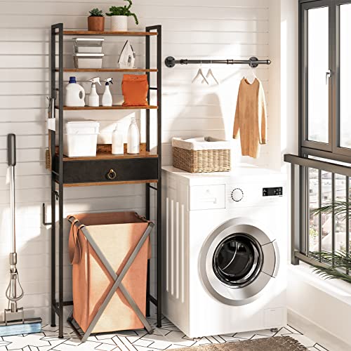 HOOBRO Over The Toilet Storage, 5 Tier Bathroom Organizer with Storage Drawer, Freestanding Bathroom Spacesaver with Laundry Hooks, Toilet Paper Holder, Stable and Sturdy, Rustic Brown BF51TS01