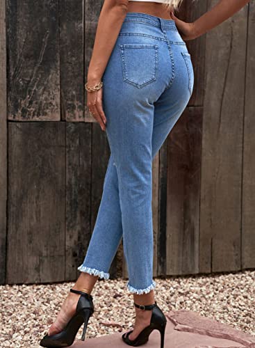 Sidefeel Women's Boyfriend Jeans Loose Stretchy Ripped Distressed Denim Pants Large Sky Blue