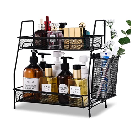 LEMIKKLE Countertop Organizer for Bathroom Counter, The Organizer for Bedroom, Spice Rack Organizer for Kitchen Counter Shelf with Small Basket(Black)