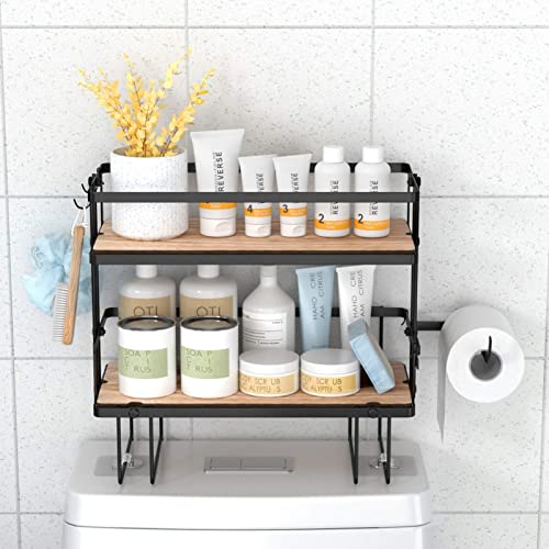 Lorbro Over The Toilet Storage Shelf, Bathroom Storage Organizer with Wooden Bottom Plate & Adhesive Base, Toilet Storage Rack for Paper Towels Shampoos Bathroom Decor (Black, 2-Tier)