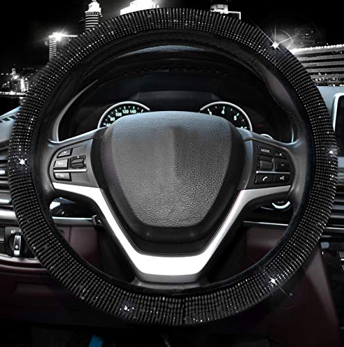 Valleycomfy Steering Wheel Cover for Women Men Bling Bling Crystal Diamond Sparkling Car SUV Wheel Protector Universal Fit 15 Inch (Black with Black Diamond, Standard Size(14" 1/2-15" 1/4))