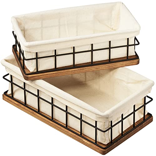 Wood and Wire Baskets with Liners for Organizing - Set of 2 Sizes - Handcrafted - Decorative Storage Bin for Bathroom, Toilet Paper Storage - New Home Gift - Walnut (11.2" L x 6" W&9.5" L x 4.8" W)