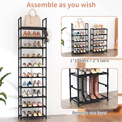 LANTEFUL 10 Tiers Tall Shoe Rack 20-25 Pairs Shoe and Boots Organizer Storage Sturdy Shoe Shelf, Narrow Shoe Rack for Entryway, Black Shoe Organizer for Closets with Hooks