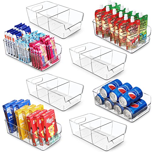 Set of 8, Stackable Clear Bins with Removable Dividers - Food Snack Organizer, Pantry Organization and Storage - Plastic Home Containers - Refrigerator, Fridge, Kitchen Cabinet Organizing Bins