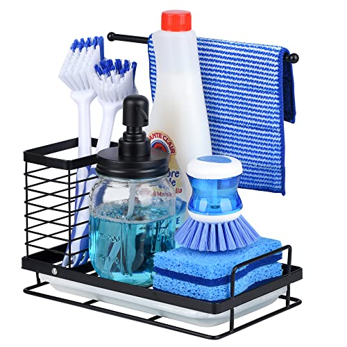 Wetheny Kitchen Sponge Holder-Kitchen Sink Caddy Organizer with Drain Pan 304 Stainless Steel for Sponges, Cleaning Cloth, Scrub Brush, Dish Soap and Hand Sanitizer ( Black )