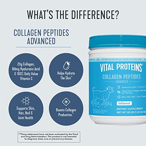 Vital Proteins Collagen Peptides Powder with Hyaluronic Acid and Vitamin C, Unflavored, 20 oz