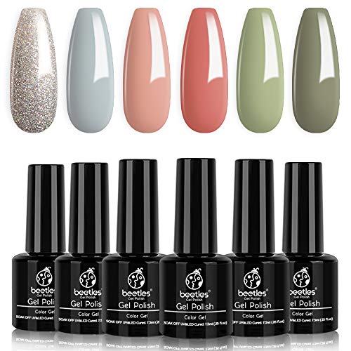 Beetles Gel Polish SOUTHERN BELLE Glitter Nude Gel Polish Set - 6 Pcs Coral Green Light Blue Gel Polish Kit Soak off Nail Lamp Gel Base and Top Coat Needed Varnish Salon Nail Art Design Gifts for Women