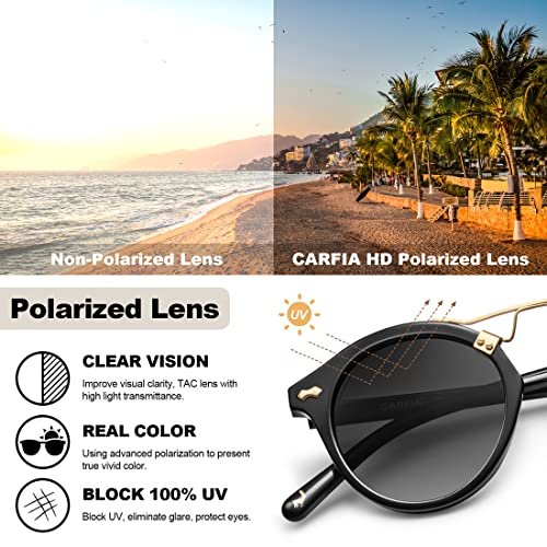 Carfia Small Black Acetate Polarized Sunglasses for Women UV Protection, Retro Double Bridge Eyewear Metal Brow Sunnies