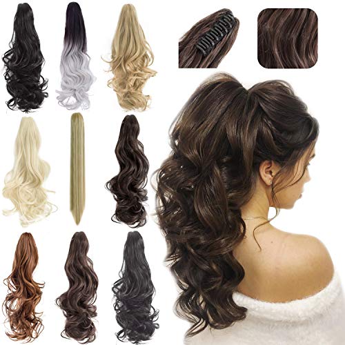 Felendy Ponytail Extension Claw 18" 20" Curly Wavy Straight Clip in Hairpiece One Piece A Jaw Long Pony Tails for Women Medium Brown