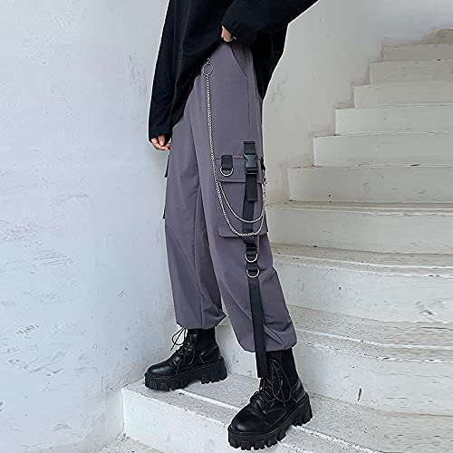 MEINVQIAOTI Black Cargo Pants for Women Techwear Women Loose Street Rock Style Casual Black Pants with Chain Goth Pants M