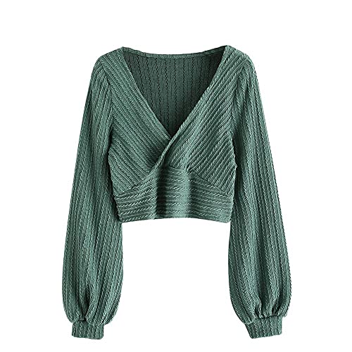 ZAFUL Women's Pullover Ribbed Cropped Knitwear Drawstring Ruched Knitted Crop Top Solid V-Neck Long Sleeve T-Shirt Green