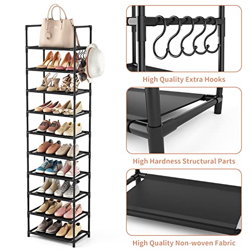 LANTEFUL 10 Tiers Tall Shoe Rack 20-25 Pairs Shoe and Boots Organizer Storage Sturdy Shoe Shelf, Narrow Shoe Rack for Entryway, Black Shoe Organizer for Closets with Hooks