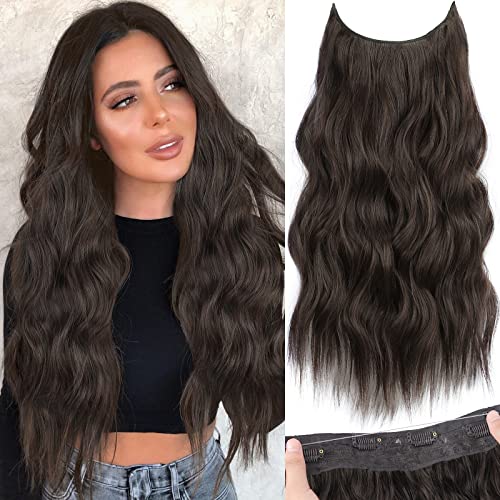 KooKaStyle Invisible Wire Hair Extensions with Transparent Wire Adjustable Size 4 Secure Clips Long Wavy Secret Hairpiece 20 Inch Dark Brown for Women