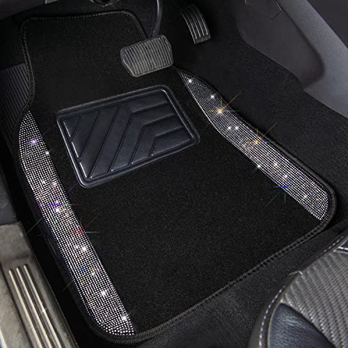 CAR PASS Shining Rhinestones Carpet, Bling Crystal Diamond Sparkly Glitter Car Floor Mats with Anti-Slip PVC Heel Pad Automotive Universal for SUV,Sedan,Car,Van,4pcs for Girl Women (Black Silver)