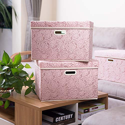 PRANDOM Larger Collapsible Storage Boxes with Lids Fabric Decorative Storage Bins Cubes Organizer Containers Baskets with Handles Divider for Bedroom Closet Living Room Pink 17.7x11.8x11.8 Inch 3 Pack