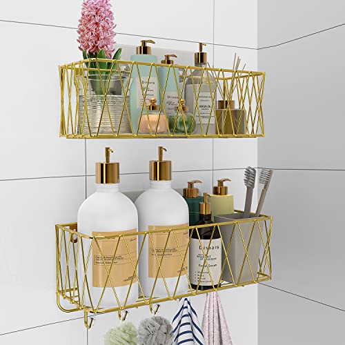 Iperlife Adhesive Shower Caddy Basket Shelf, Bathroom Shampoo Organizer Shelves, Kitchen Storage Rack, No Drilling Wall Mounted Rustproof Shower Shelf for Inside Shower - 2 Pack (Gold)