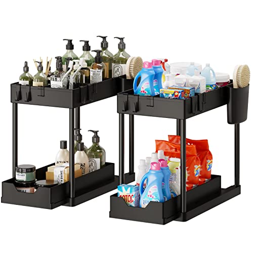 Fixwal 2 Pcs Under Sink Organizer and Storage, 2-Tier Bathroom Organizer, Kitchen Organization, Cabinet Organizer, Make Up Organizers and Storage with Hooks, Hanging Cup and Dividers