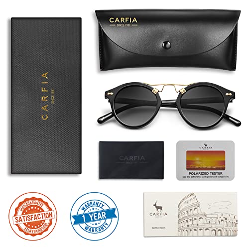 Carfia Small Black Acetate Polarized Sunglasses for Women UV Protection, Retro Double Bridge Eyewear Metal Brow Sunnies