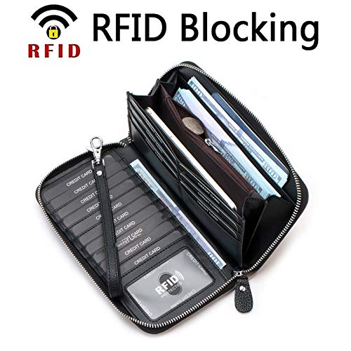 Womens Wallet RFID Blocking Genuine Leather Multi Credit Card Large Capacity Zip Around Clutch Travel Purse Wristlet Black