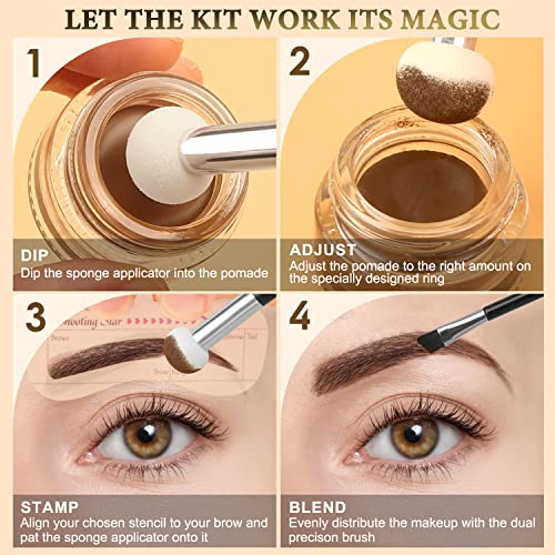 Eyebrow Stamp Stencil Kit for Eyebrows, Brow Stamp Trio Kit with Waterproof Eyebrow Pencil, Eyebrow Pomade, 20 Eyebrow Stencils, Dual-ended Eyebrow Brush and Sponge Applicator - Soft Brown