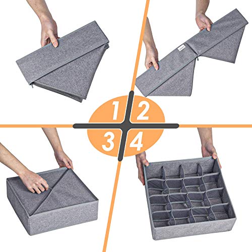 Criusia 3 Pack Sock Underwear Organizer Dividers, 64 Cell Drawer Organizers Fabric Foldable Cabinet Closet Organizers and Storage Boxes for Storing Socks, Underwear, Ties (16+24+24 Cell, Gray)