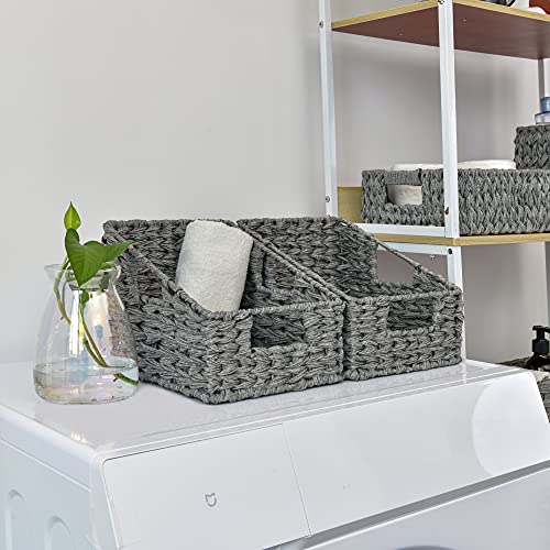 GRANNY SAYS Wicker Basket with Handles, Odorless Woven Trapezoid Basket Waterproof for Organizing Bathroom, Decorative Storage Wicker Baskets for Storage Photo Books, Gray, 2-Pack