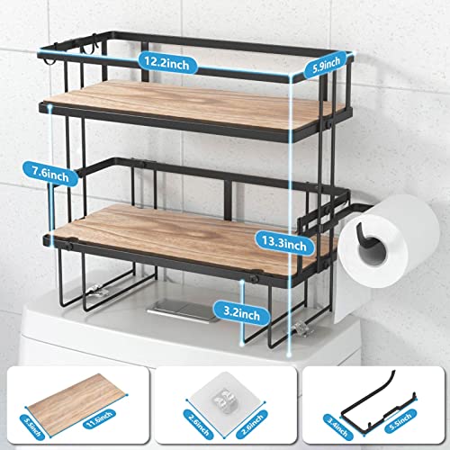 Lorbro Over The Toilet Storage Shelf, Bathroom Storage Organizer with Wooden Bottom Plate & Adhesive Base, Toilet Storage Rack for Paper Towels Shampoos Bathroom Decor (Black, 2-Tier)