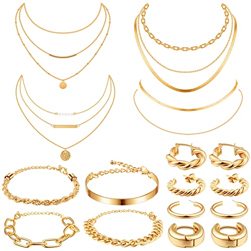 Tiamon 12 Pcs 14K Gold Jewelry Set for Women 4 Gold Earring Sets 4 Gold Necklace Sets 4 Gold Bracelets for Girl (Gentle Style)