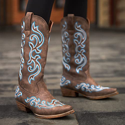 HISEA Rollda Cowboy Boots for Women Western Cowgirl Boots with Chunky Heel Ladies Snip Toe Mid-Calf Boots Size 10