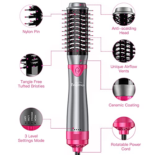 Brightup Hair Dryer Brush & Volumizer with Negative Ionic Technology, Detachable & Interchangeable Brush Head, Hot Air Brush for Curling, Straightening & Styling, Heat Protective Glove Included