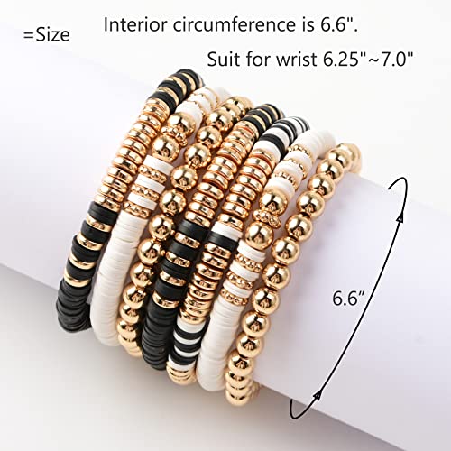 Surfer Heishi Clay Bead Bracelets for Women Bohemian Stackable Evil Eye Vinyl Disc Beaded Stretch Bracelets Elastic Layering Friendship Bracelets Boho Jewelry (E-Black&White 7pcs)