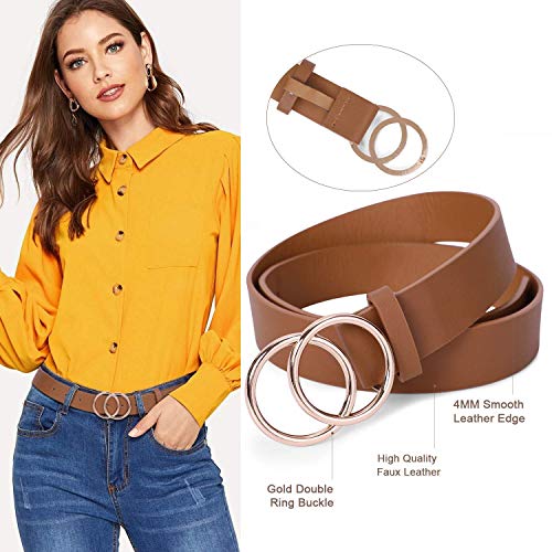 SANSTHS 2 Pack Women Leather Belts Faux Leather Jeans Belt with Double O-Ring Buckle (Black & Brown, S)