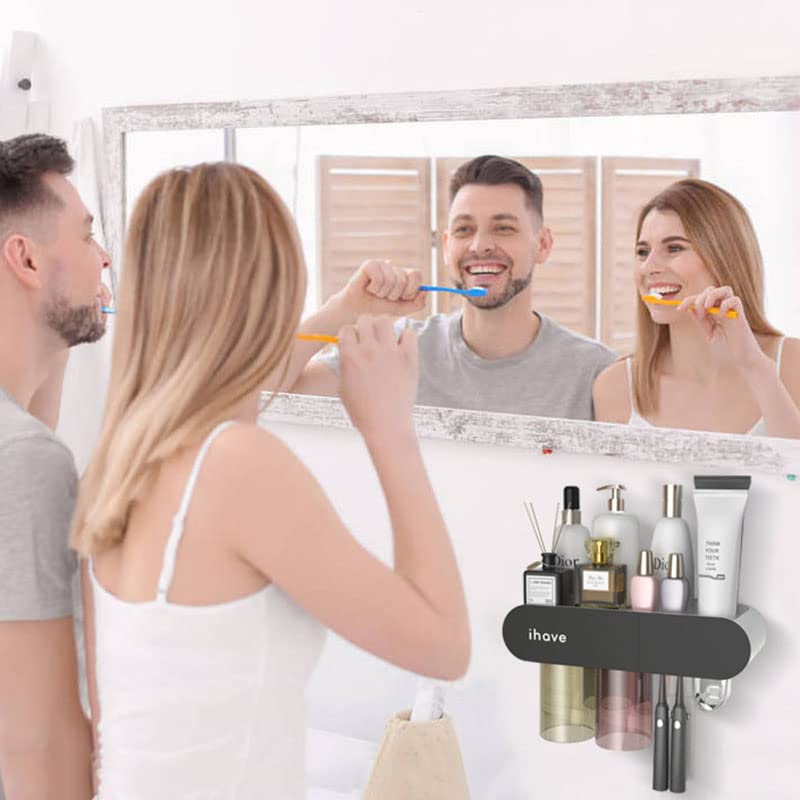 iHave Toothbrush Holders Bathroom Organizer, 2 Cups Toothbrush Holder Wall Mounted with Toothpaste Dispenser Bathroom Accessories Set, Black Tooth Brushing Holder Bathroom Decor for Home or Apartment