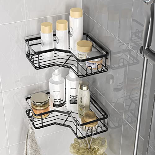 MAXIFFE Corner Shower Caddy, Shower Organizer Corner Shower Shelf with 8 Hooks,2-Pack Adhesive Stainless Steel Shower Shelves for Bathroom Storage (Matte Black)