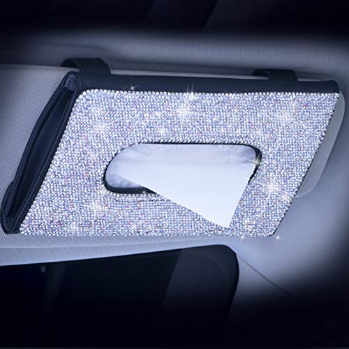 ChuLian Bling Bling Car Sun Visor Tissue Box Holder,Crystal Sparkling Napkin Holder,PU Leather Backseat Tissue Case Car Accessories for Women, Black