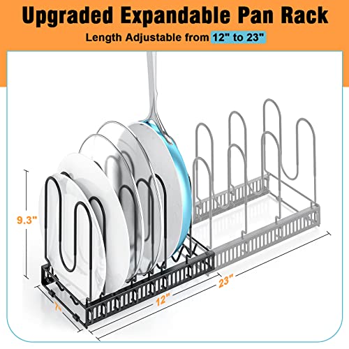 ORDORA Pot and Pan Organizer Rack for Cabinet - Expandable Cutting Board Pot Lid Organizer Holder with 11 Adjustable Dividers for Kitchen Cabinet Cookware Baking Frying Rack