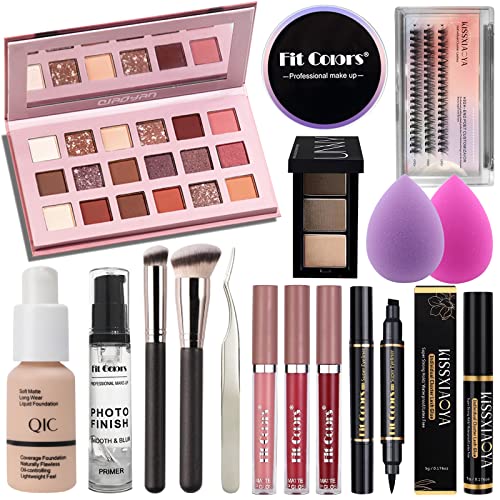 Lookmee All In One Makeup Kit, Makeup Kit for Women Full Kit, Full Makeup Essential Starter Kit for Beginners or Pros, 18 Colors Naked Eyeshadow Palette Nude Face Primer, Makeup Brush, Makeup Sponge, Eyebrow Powder, Winged Eyeliner Stamp (SetA)