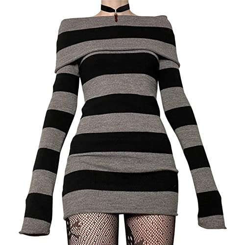 SOLILOQUY Women Gothic Dress Punk Witch Off Shoulder Striped Knit Dress Y2k Fairy Grunge Dress Halloween Dark Academia Clothes