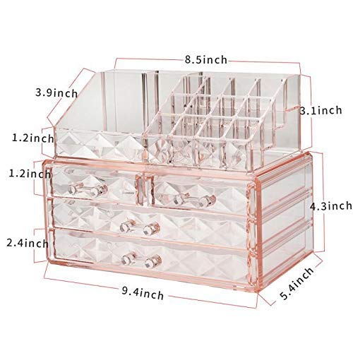 ZHIAI Jewelry and Cosmetic Boxes with Brush Holder - Pink Diamond Pattern Storage Display Cube Including 4 Drawers and 2 Pieces Set