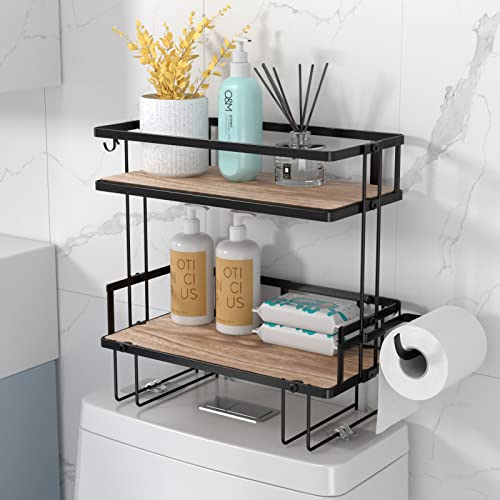 Lorbro Over The Toilet Storage Shelf, Bathroom Storage Organizer with Wooden Bottom Plate & Adhesive Base, Toilet Storage Rack for Paper Towels Shampoos Bathroom Decor (Black, 2-Tier)