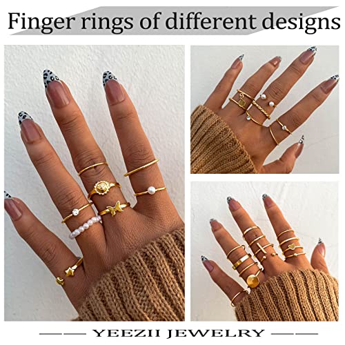 YEEZII 68 Pcs Gold Knuckle Rings Set for Women Girls, Stackable Rings Boho Joint Finger Midi Rings Hollow Carved Crystal Stacking Rings Pack