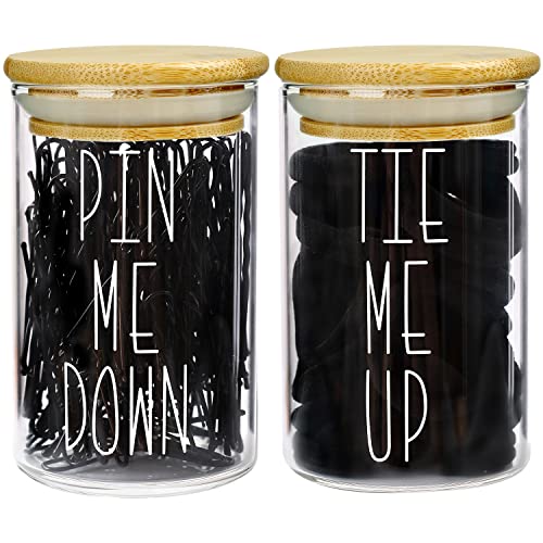 MOMEEMO Apothecary Jars with Lids for Bathroom Storage Organizer, Hair Tie Organizer & Bobby Pin Holder are Great for Bamboo Bathroom Accessories, Bathroom Decor Farmhouse Style. (Hair Ties & Pins)