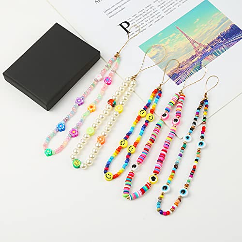 Taouzi 6PCS Beaded Phone Lanyard Wrist Strap Face Beaded Phone Charm Fruit Star Pearl Rainbow Color Beaded Phone Chain Strap for Women Girls