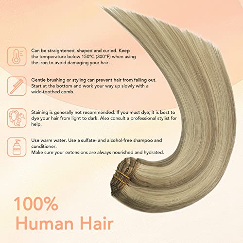 VARIO HAIR Clip in Hair Extensions Blonde Highlighted Human Hair Balayage Hair Extensions Mixed Bleach Blonde 12 Inch 70g Fine Hair Full Head Silky Straight 100% Human Hair Clip In Extensions