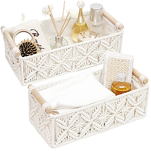 Macrame Storage Basket Boho Decor Baskets for Organizing Woven Decorative Basket for Countertop Toilet Paper Basket for Tank Top for Bathroom Decor Bedroom Nursery Livingroom Entryway (Set of 2)