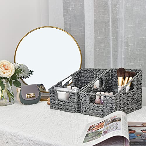 GRANNY SAYS Wicker Basket with Handles, Odorless Woven Trapezoid Basket Waterproof for Organizing Bathroom, Decorative Storage Wicker Baskets for Storage Photo Books, Gray, 2-Pack