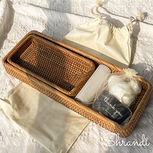 Shrandi Rattan Tray For Bathroom Countertop, Wicker Toilet Tank Basket, Woven Storage Baskets For Organizing, 2 Pack/Honey Brown